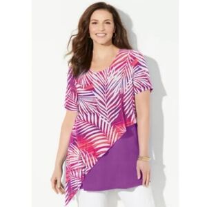Catherines Women’s Plus Tunic Top Flowy Pink Palm Print Short Sleeve Blouse 3X